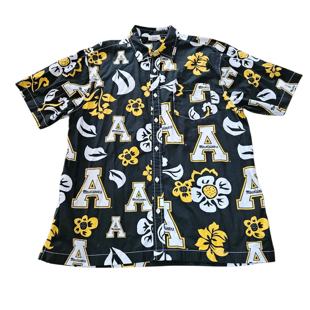 Wes‎ And Willy Appalachian State Hawaiian Shirt Men's Size L Black Yellow Floral